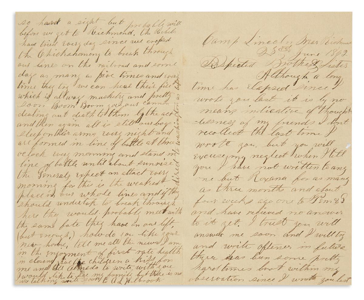 (CIVIL WAR--VERMONT.) Holbrook, Augustus L. Letter describing the horrors of war at Lees Mill, Williamsburg, and Seven Pines.